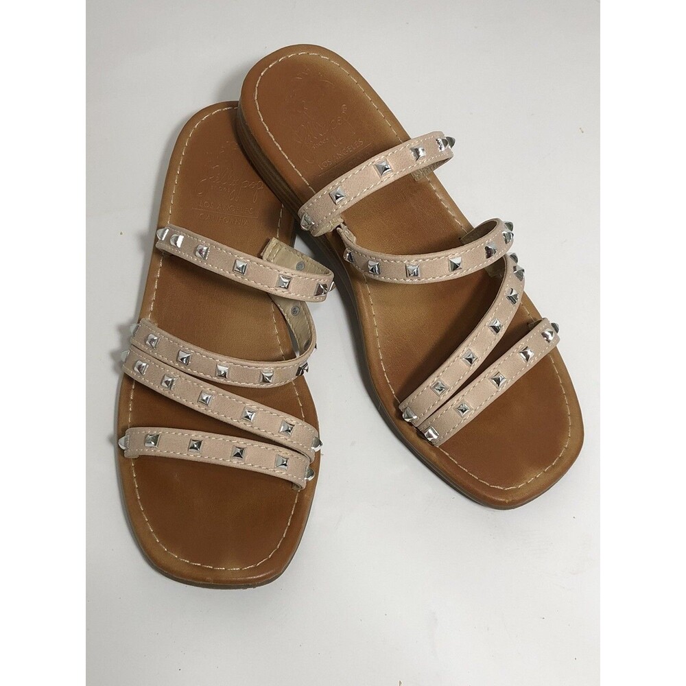 JellyPop Los Angeles Clair Studded Flat Sandals Size 6.5M Tan Faux Leather